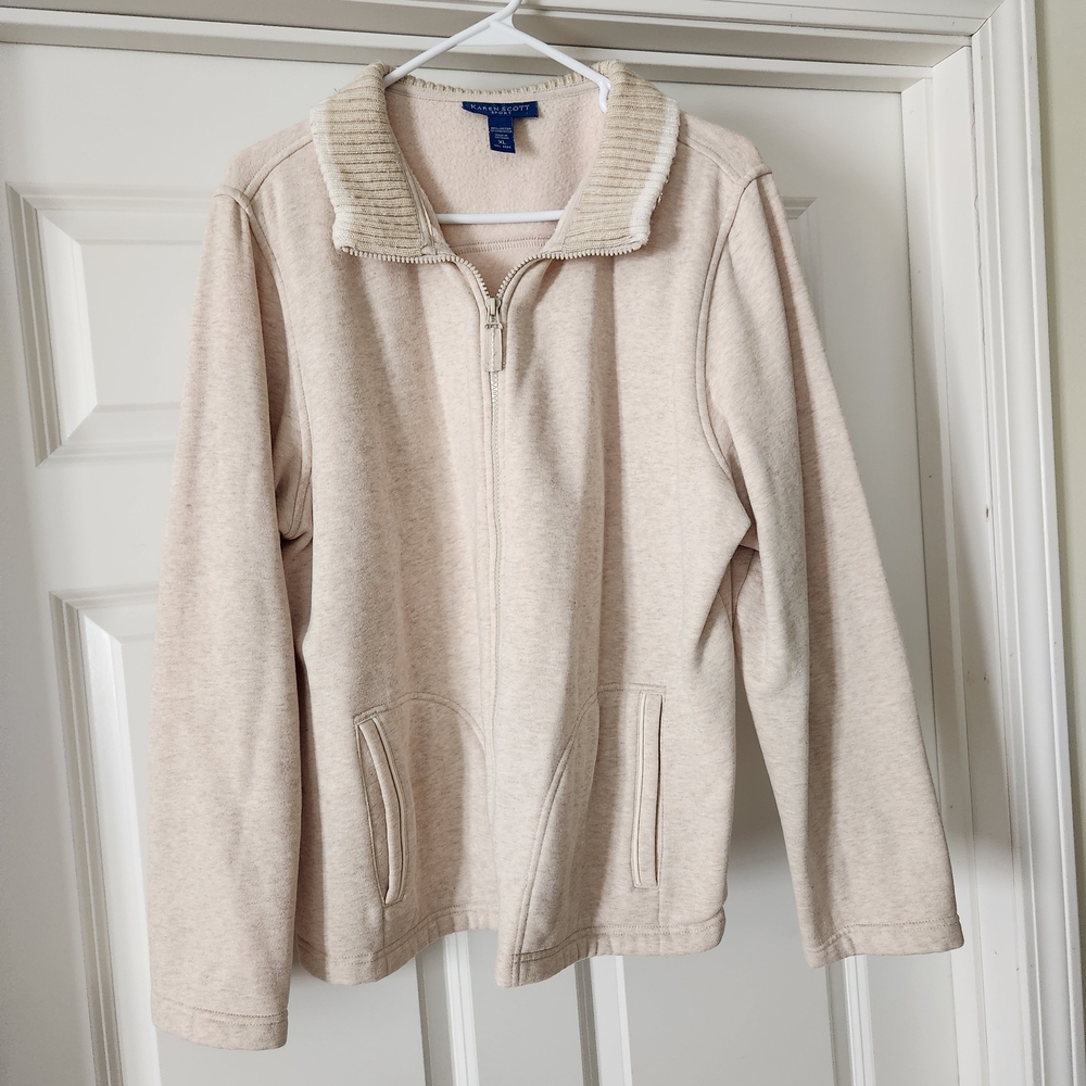 Karen Scott Sport - Ladies XL Cream Zip-Up Sweater Jacket with Ribbed Collar